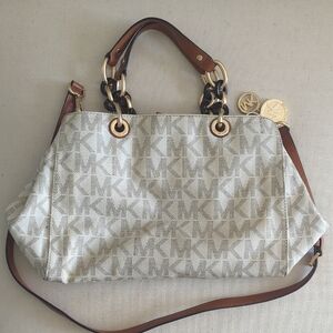 Michael Kors White and Brown Shoulder Bag with Signature Monogram